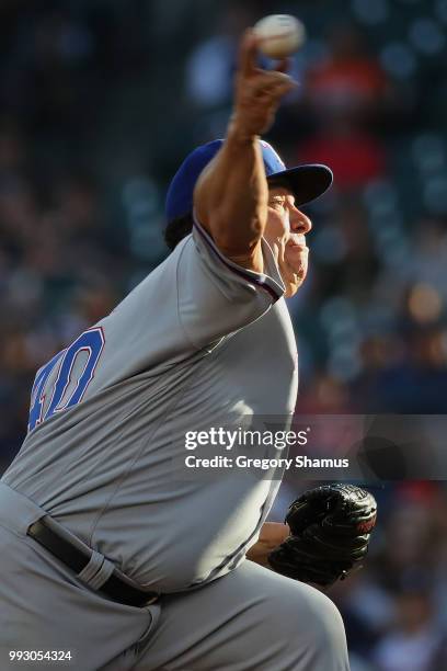 Bartolo Colon of the Texas Rangers throws a first inning pitch while playing the Detroit Tigers at Comerica Park on July 6, 2018 in Detroit, Michigan.