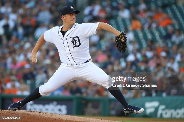 Jordan Zimmermann of the Detroit Tigers throws a first inning pitch while playing the Texas Rangers at Comerica Park on July 6, 2018 in Detroit,...