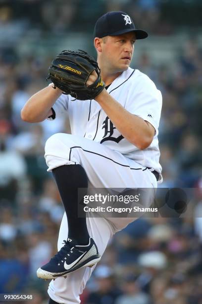 Jordan Zimmermann of the Detroit Tigers throws a first inning pitch while playing the Texas Rangers at Comerica Park on July 6, 2018 in Detroit,...
