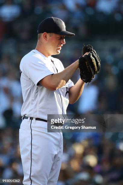 Jordan Zimmermann of the Detroit Tigers throws a second inning pitch while playing the Texas Rangers at Comerica Park on July 6, 2018 in Detroit,...