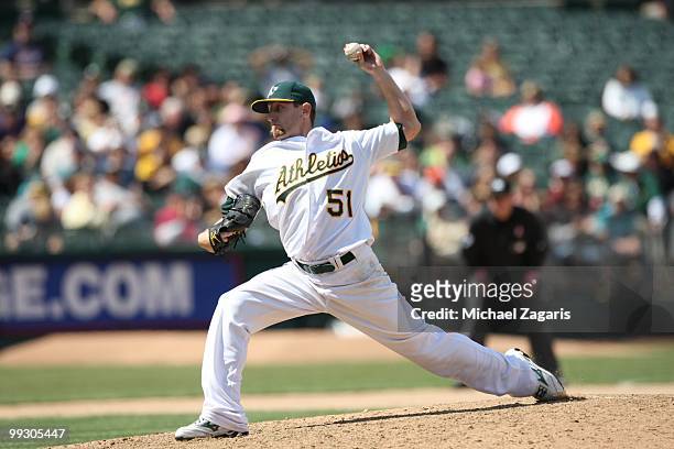 Dallas Braden of the Oakland Athletics pitching during the game against the Tampa Bay Rays at the Oakland Coliseum on May 9, 2010 in Oakland,...
