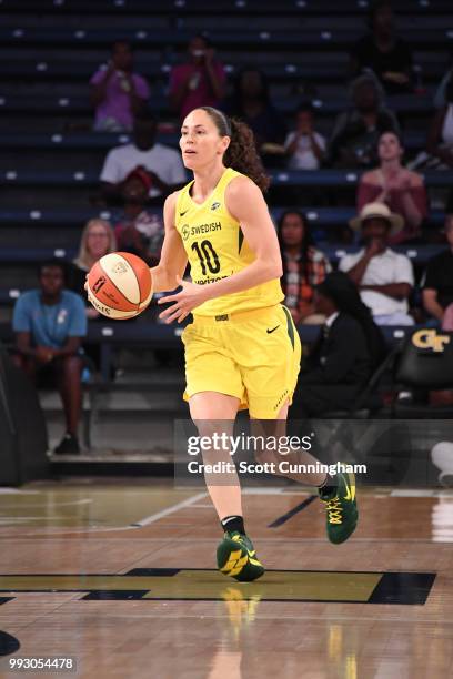 Sue Bird of the Seattle Storm handles the ball against the Atlanta Dream on July 6, 2018 at Hank McCamish Pavilion in Atlanta, Georgia. NOTE TO USER:...