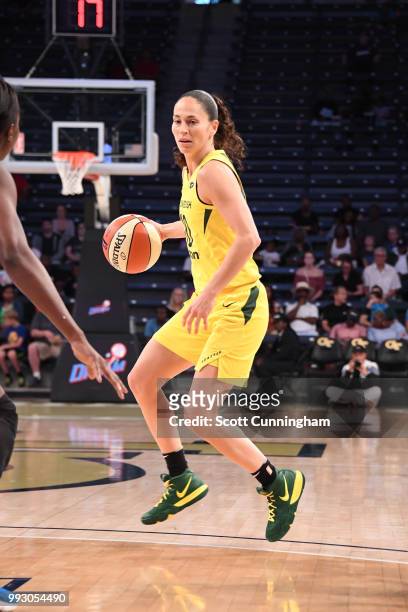 Sue Bird of the Seattle Storm handles the ball against the Atlanta Dream on July 6, 2018 at Hank McCamish Pavilion in Atlanta, Georgia. NOTE TO USER:...