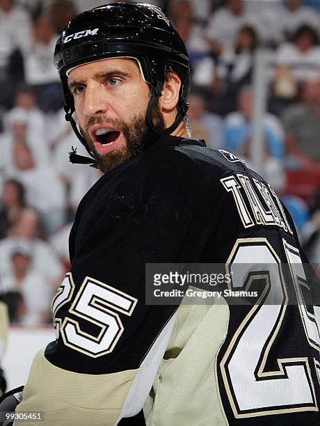 Maxime Talbot of the Pittsburgh Penguins argues a call against the Montreal Canadiens in Game Seven of the Eastern Conference Semifinals during the...