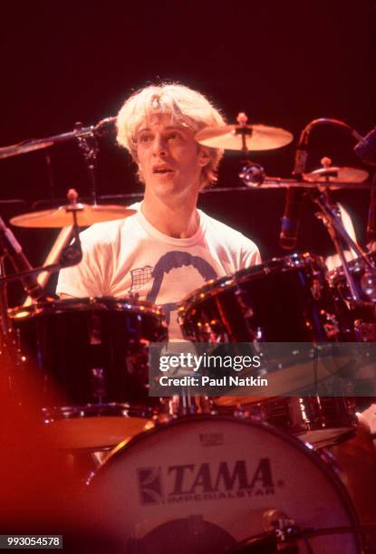 Stewart Copeland of The Police performs on stage at the Rosemont Horizon in Rosemont, Illinois, June 13, 1986.