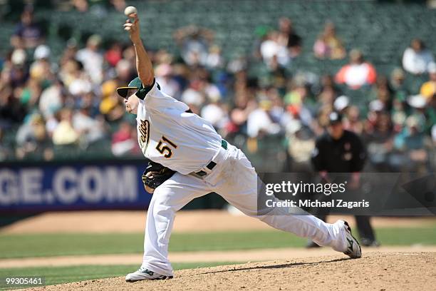 Dallas Braden of the Oakland Athletics pitching during the game against the Tampa Bay Rays at the Oakland Coliseum on May 9, 2010 in Oakland,...