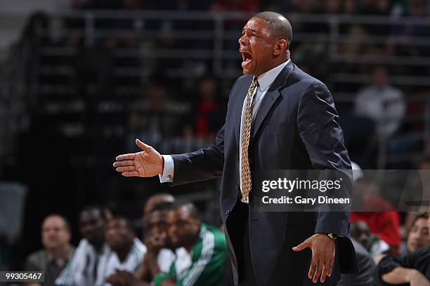 Head coach Doc Rivers of the Boston Celtics reacts on the sideline during the game against the Milwaukee Bucks on March 9, 2010 at the Bradley Center...