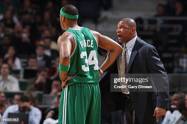 Paul Pierce of the Boston Celtics listens to head coach Doc Rivers during the game against the Milwaukee Bucks on March 9, 2010 at the Bradley Center...