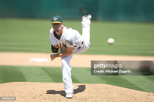 Dallas Braden of the Oakland Athletics pitching during the game against the Tampa Bay Rays at the Oakland Coliseum on May 9, 2010 in Oakland,...