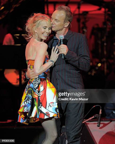 Trudie Styler and Sting on stage during the Almay concert to celebrate the Rainforest Fund's 21st birthday at Carnegie Hall on May 13, 2010 in New...