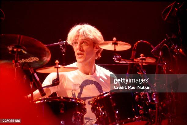 Stewart Copeland of The Police performs on stage at the Rosemont Horizon in Rosemont, Illinois, June 13, 1986.