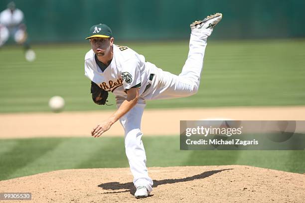 Dallas Braden of the Oakland Athletics pitching during the game against the Tampa Bay Rays at the Oakland Coliseum on May 9, 2010 in Oakland,...