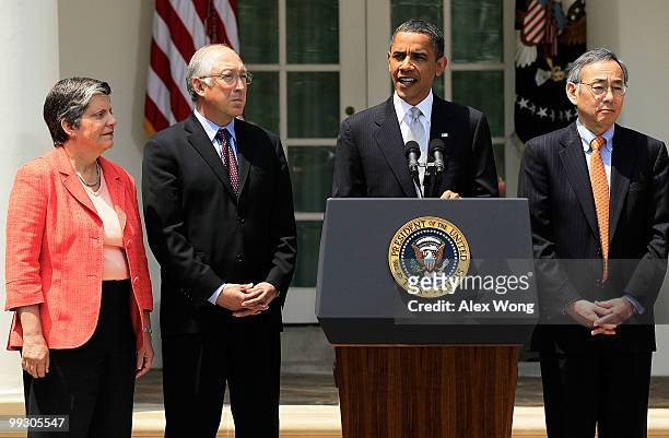 President Barack Obama makes remarks as Secretary of Homeland Security Janet Napolitano, Secretary of Interior Ken Salazar, and Secretary of Energy...