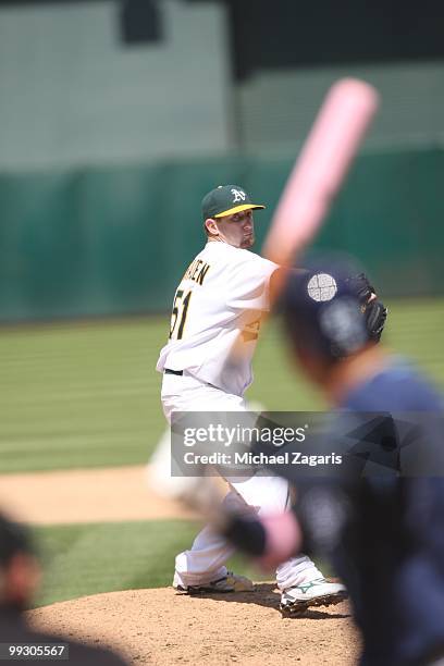 Dallas Braden of the Oakland Athletics pitching during the game against the Tampa Bay Rays at the Oakland Coliseum on May 9, 2010 in Oakland,...