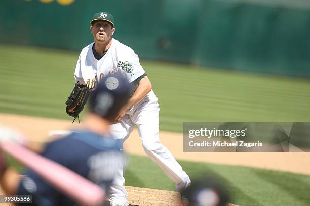 Dallas Braden of the Oakland Athletics pitching during the game against the Tampa Bay Rays at the Oakland Coliseum on May 9, 2010 in Oakland,...