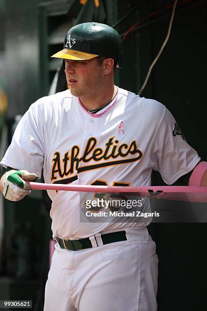 Landon Powell of the Oakland Athletics standing in the dugout during the game against the Tampa Bay Rays at the Oakland Coliseum on May 9, 2010 in...