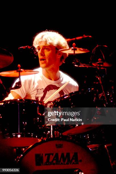 Stewart Copeland of The Police performs on stage at the Rosemont Horizon in Rosemont, Illinois, June 13, 1986.