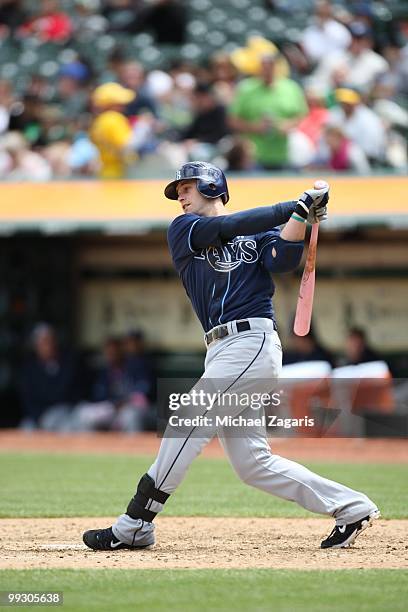 Evan Longoria of the Tampa Bay Rays hitting during the game against the Oakland Athletics at the Oakland Coliseum on May 9, 2010 in Oakland,...