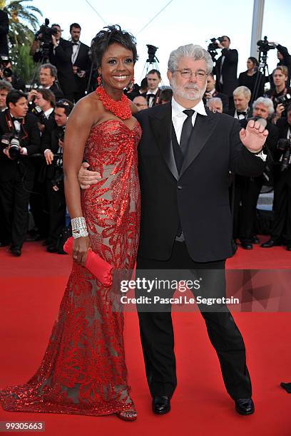 Director/producer George Lucas and wife Mellody Hobson attend the "Wall Street: Money Never Sleeps" Premiere at the Palais des Festivals during the...