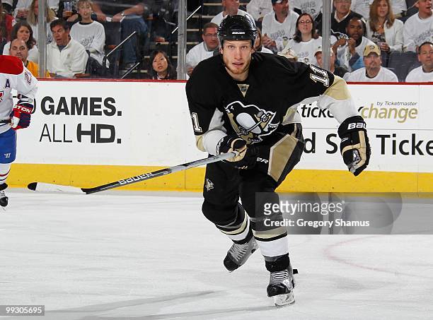 Jordan Staal of the Pittsburgh Penguins skates against the Montreal Canadiens in Game Seven of the Eastern Conference Semifinals during the 2010 NHL...