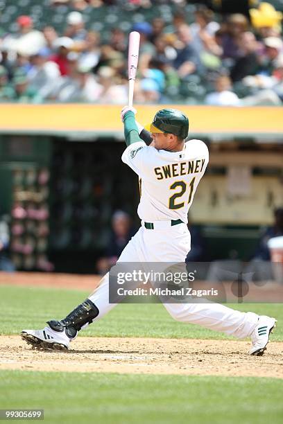 Ryan Sweeney of the Oakland Athletics hitting during the game against the Tampa Bay Rays at the Oakland Coliseum on May 9, 2010 in Oakland,...