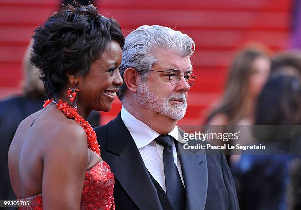 Director/producer George Lucas and wife Mellody Hobson attend the "Wall Street: Money Never Sleeps" Premiere at the Palais des Festivals during the...
