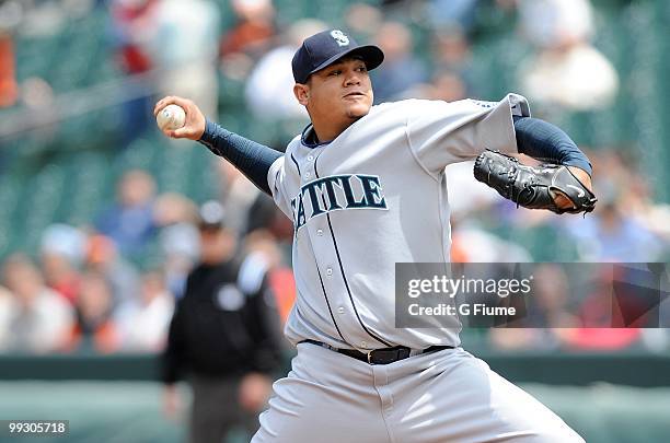 Felix Hernandez of the Seattle Mariners pitches against the Baltimore Orioles at Camden Yards on May 13, 2010 in Baltimore, Maryland.