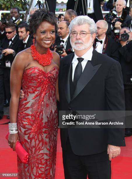 Mellody Hobson and writer/director George Lucas attend the Premiere of 'Wall Street: Money Never Sleeps' held at the Palais des Festivals during the...