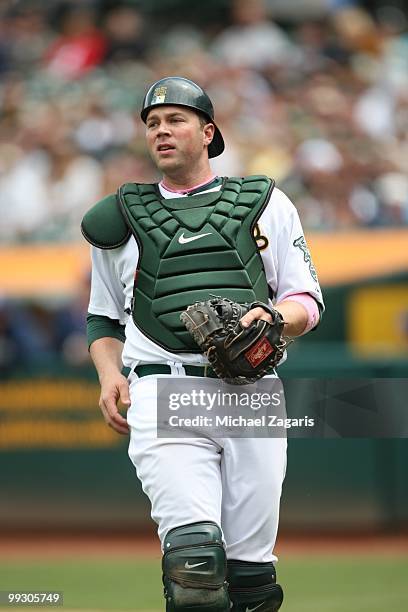 Landon Powell of the Oakland Athletics catching during the game against the Tampa Bay Rays at the Oakland Coliseum on May 9, 2010 in Oakland,...