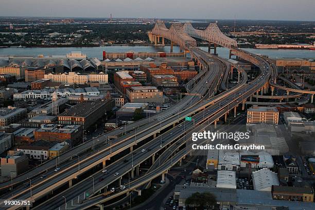 An aerial view of Highway 90 and the Greater New Orleans Bridge near downtown New Orleans, Louisiana on April 10, 2010.