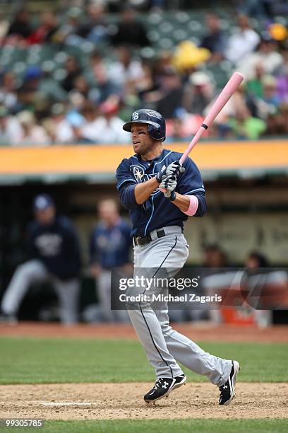 Gabe Kapler of the Tampa Bay Rays hitting during the game against the Oakland Athletics at the Oakland Coliseum on May 9, 2010 in Oakland,...