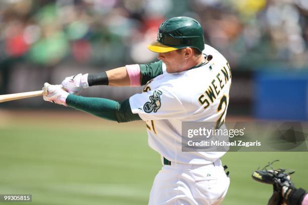 Ryan Sweeney of the Oakland Athletics hitting during the game against the Tampa Bay Rays at the Oakland Coliseum on May 9, 2010 in Oakland,...