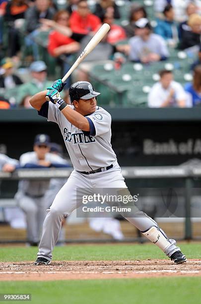 Jose Lopez of the Seattle Mariners bats against the Baltimore Orioles at Camden Yards on May 13, 2010 in Baltimore, Maryland.