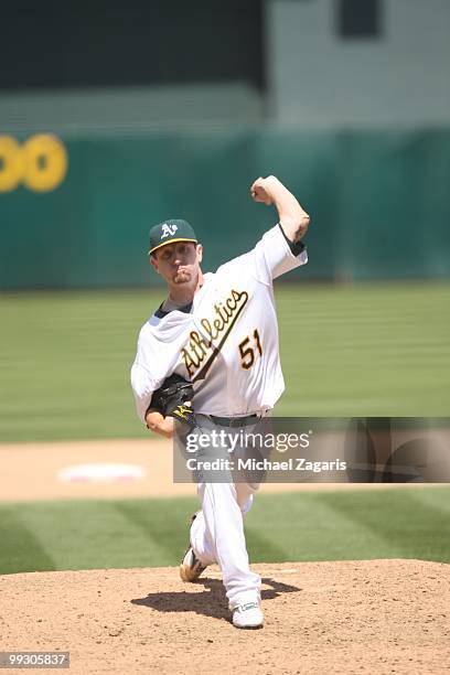 Dallas Braden of the Oakland Athletics pitching during the game against the Tampa Bay Rays at the Oakland Coliseum on May 9, 2010 in Oakland,...