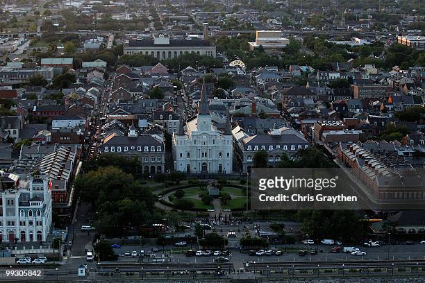 The Saint Louis Cathedral and Jackson Square are seen at sunset near the French Quarter in downtown New Orleans, Louisiana on April 10, 2010.