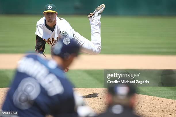 Dallas Braden of the Oakland Athletics pitching during the game against the Tampa Bay Rays at the Oakland Coliseum on May 9, 2010 in Oakland,...