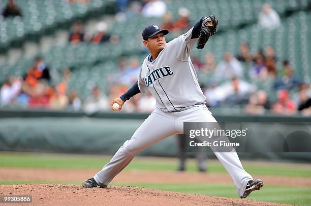 Felix Hernandez of the Seattle Mariners pitches against the Baltimore Orioles at Camden Yards on May 13, 2010 in Baltimore, Maryland.