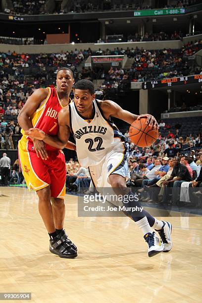 Rudy Gay of the Memphis Grizzlies drives the ball against the Houston Rockets during the game at the FedExForum on April 6, 2010 in Memphis,...