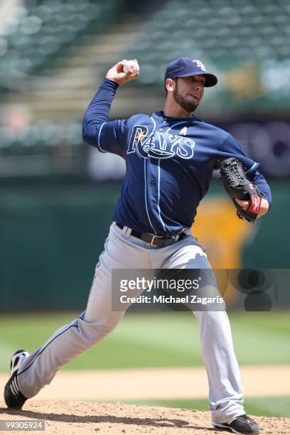 James Shields of the Tampa Bay Rays pitching during the game against the Oakland Athletics at the Oakland Coliseum on May 9, 2010 in Oakland,...