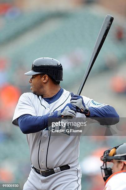 Ken Griffey Jr. #24 of the Seattle Mariners bats against the Baltimore Orioles at Camden Yards on May 13, 2010 in Baltimore, Maryland.