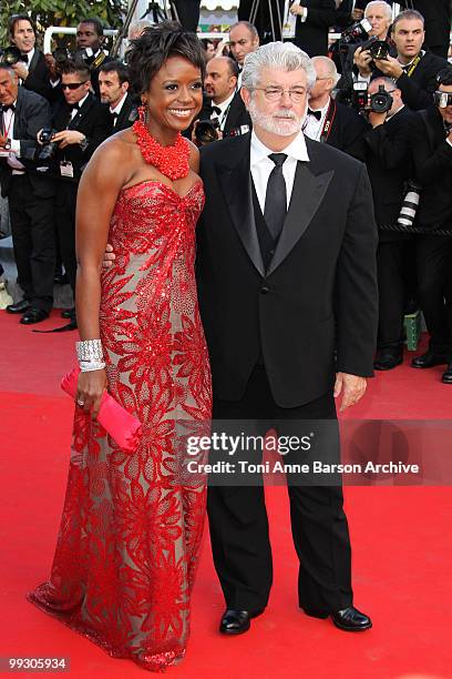 Mellody Hobson and writer/director George Lucas attend the Premiere of 'Wall Street: Money Never Sleeps' held at the Palais des Festivals during the...