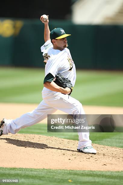 Dallas Braden of the Oakland Athletics pitching during the game against the Tampa Bay Rays at the Oakland Coliseum on May 9, 2010 in Oakland,...