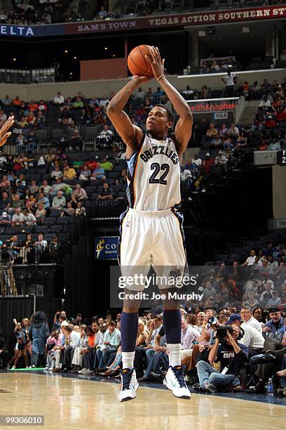 Rudy Gay of the Memphis Grizzlies puts a shot up against the Houston Rockets during the game at the FedExForum on April 6, 2010 in Memphis,...