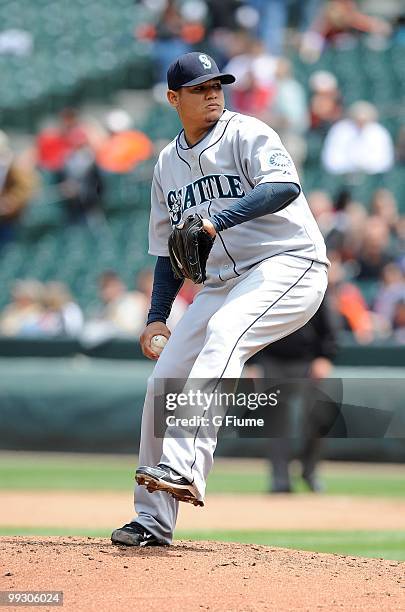 Felix Hernandez of the Seattle Mariners pitches against the Baltimore Orioles at Camden Yards on May 13, 2010 in Baltimore, Maryland.