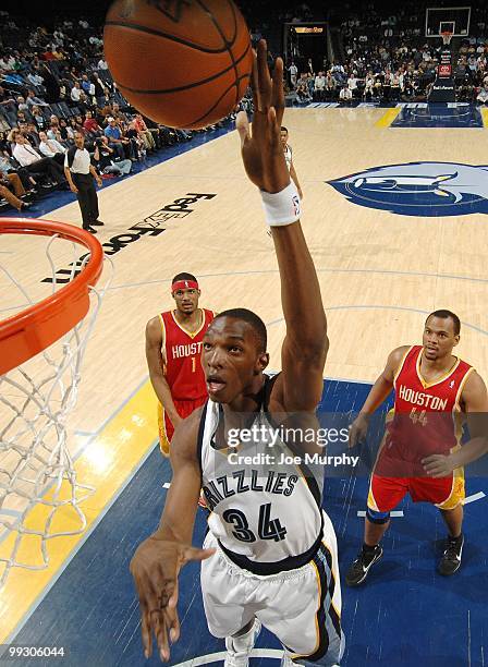 Hasheem Thabeet of the Memphis Grizzlies puts a shot up against the Houston Rockets during the game at the FedExForum on April 6, 2010 in Memphis,...