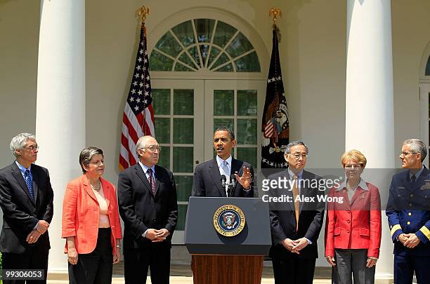 President Barack Obama makes remarks as Secretary of Homeland Security Janet Napolitano , Secretary of Interior Ken Salazar , Secretary of Energy...