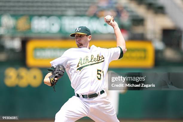 Dallas Braden of the Oakland Athletics pitching during the game against the Tampa Bay Rays at the Oakland Coliseum on May 9, 2010 in Oakland,...