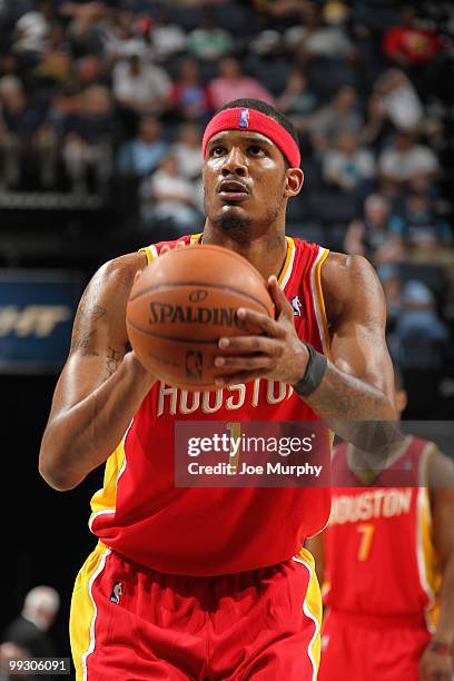 Trevor Ariza of the Houston Rockets takes a free throw against the Memphis Grizzlies during the game at the FedExForum on April 6, 2010 in Memphis,...