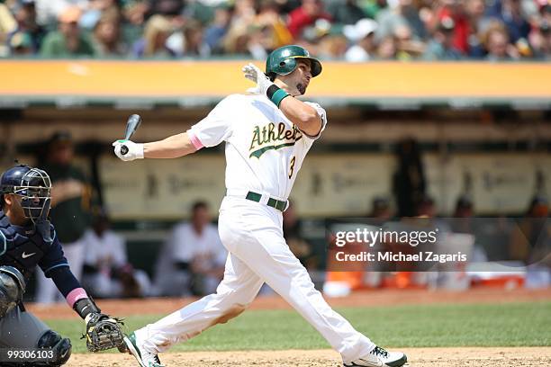 Eric Chavez of the Oakland Athletics hitting during the game against the Tampa Bay Rays at the Oakland Coliseum on May 9, 2010 in Oakland,...