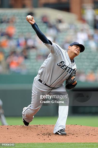 Felix Hernandez of the Seattle Mariners pitches against the Baltimore Orioles at Camden Yards on May 13, 2010 in Baltimore, Maryland.
